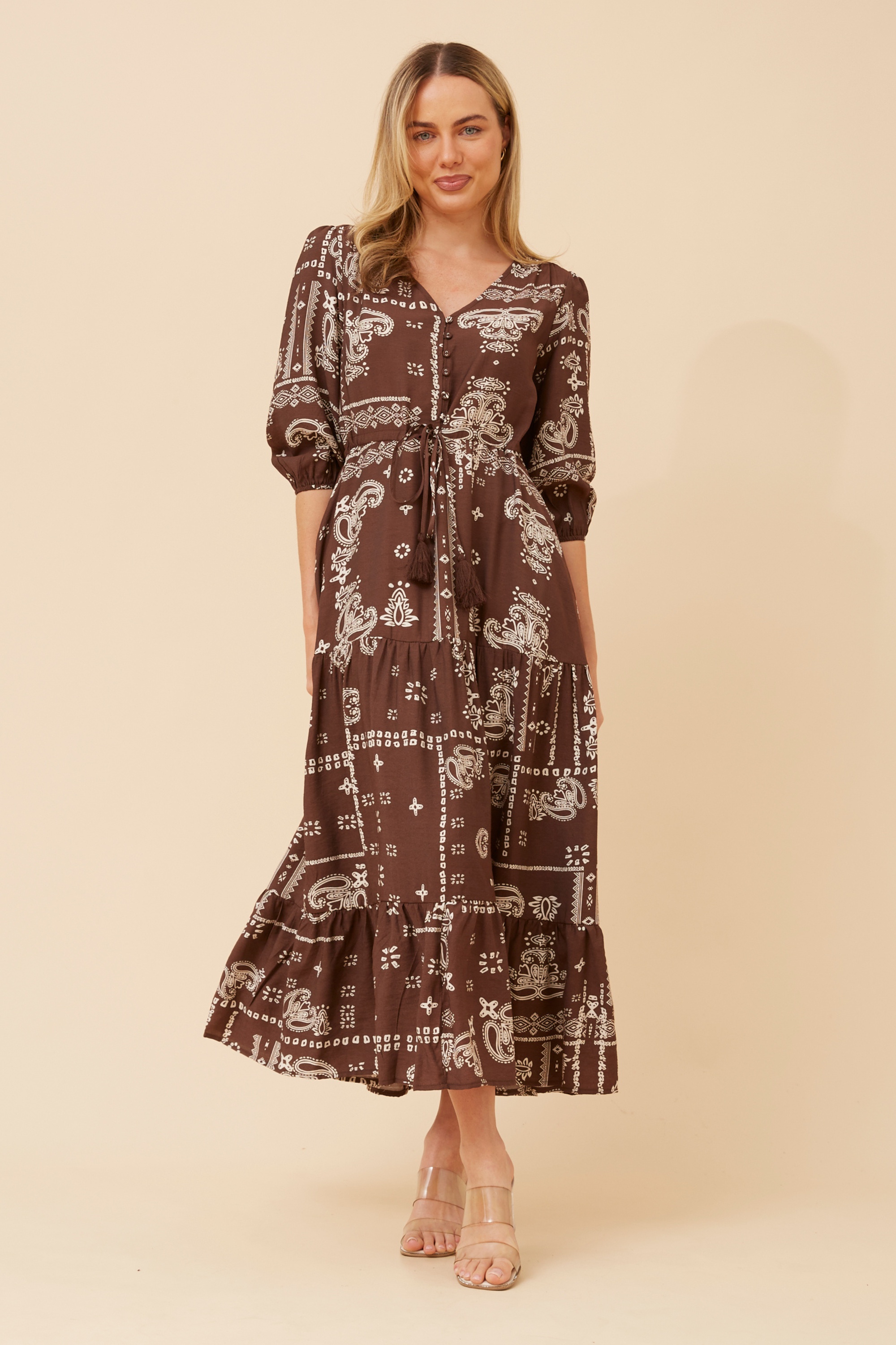 brown summer dress short PRE-ORDER-St. Barths La Robe Wendy Bandana Maxi Dress in Clay main image 1