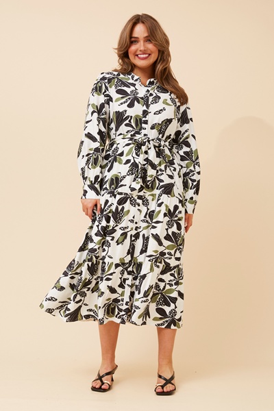 KYMANI LEAF PRINT MIDI DRESS