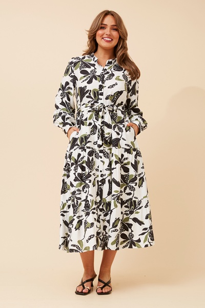 KYMANI LEAF PRINT MIDI DRESS