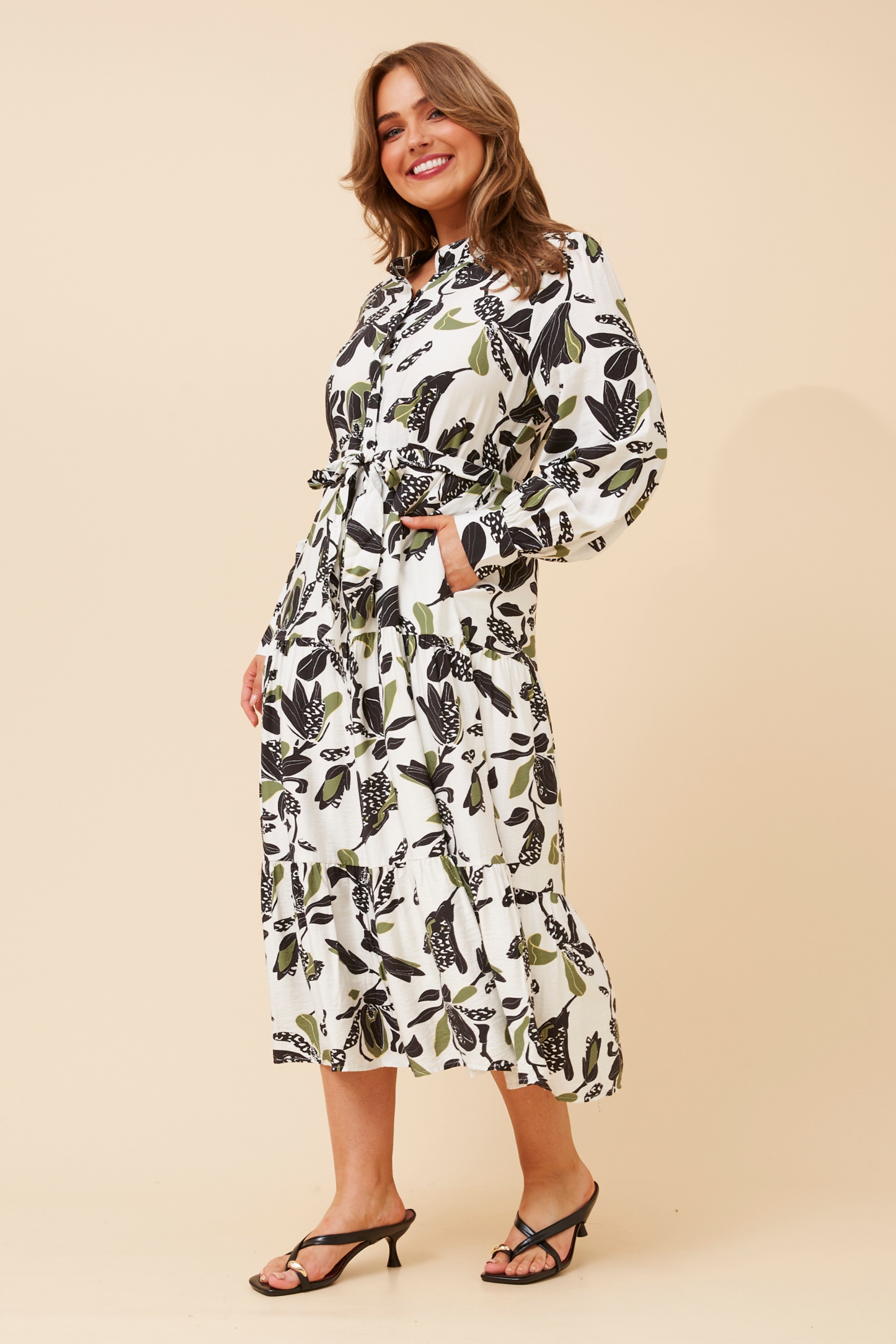 KYMANI LEAF PRINT MIDI DRESS