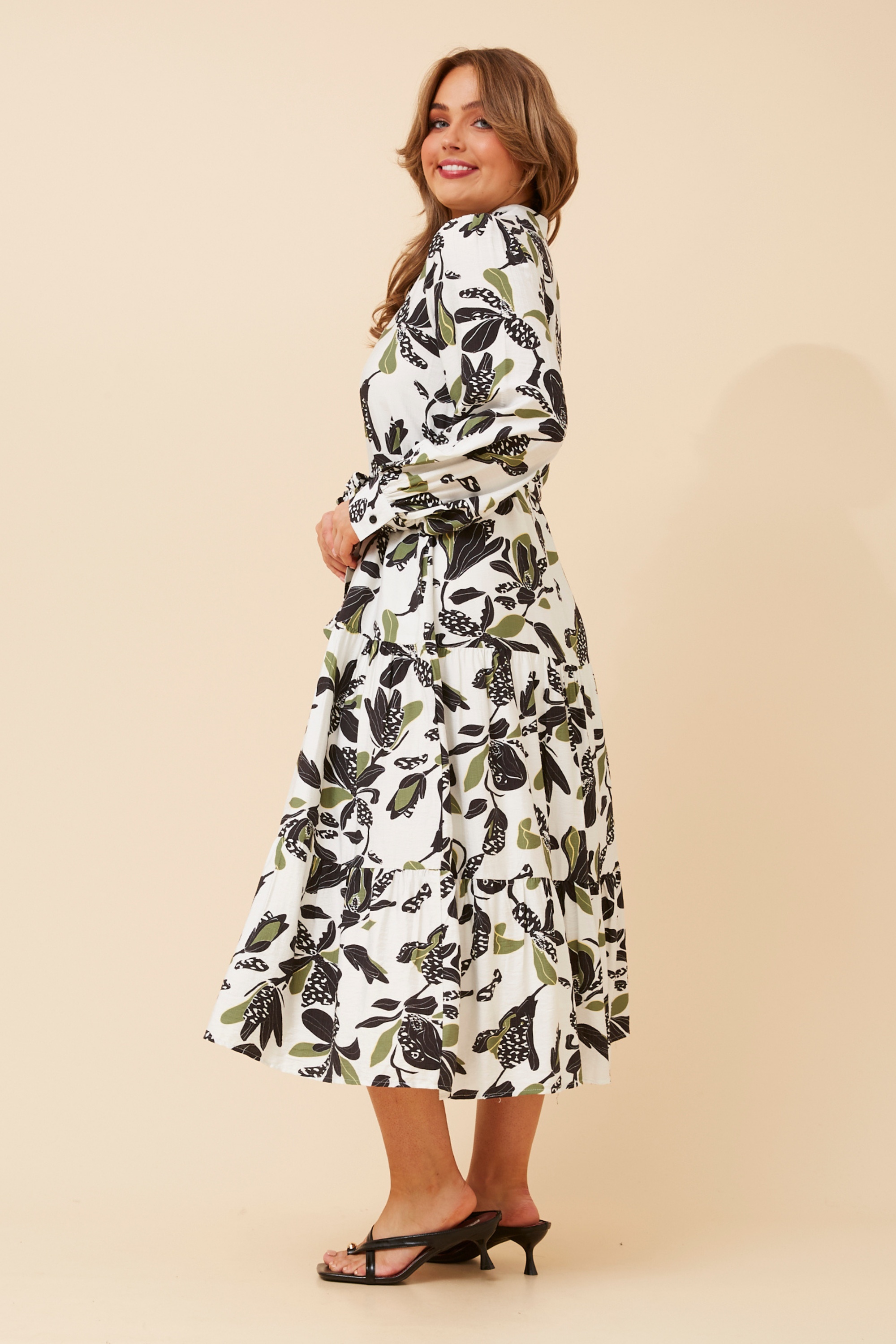 KYMANI LEAF PRINT MIDI DRESS