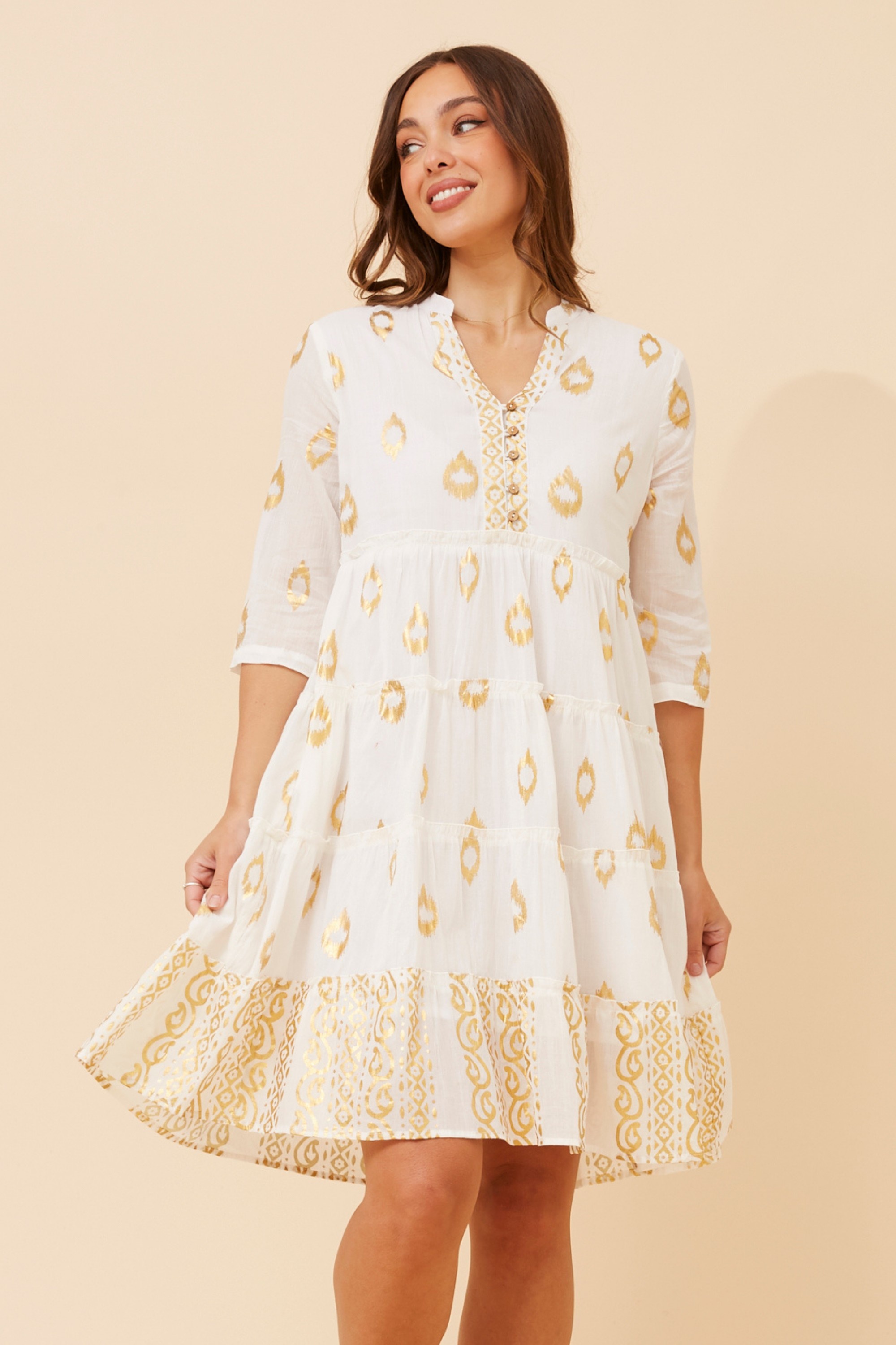 LAKSHMI FOIL PRINT TIERED DRESS
