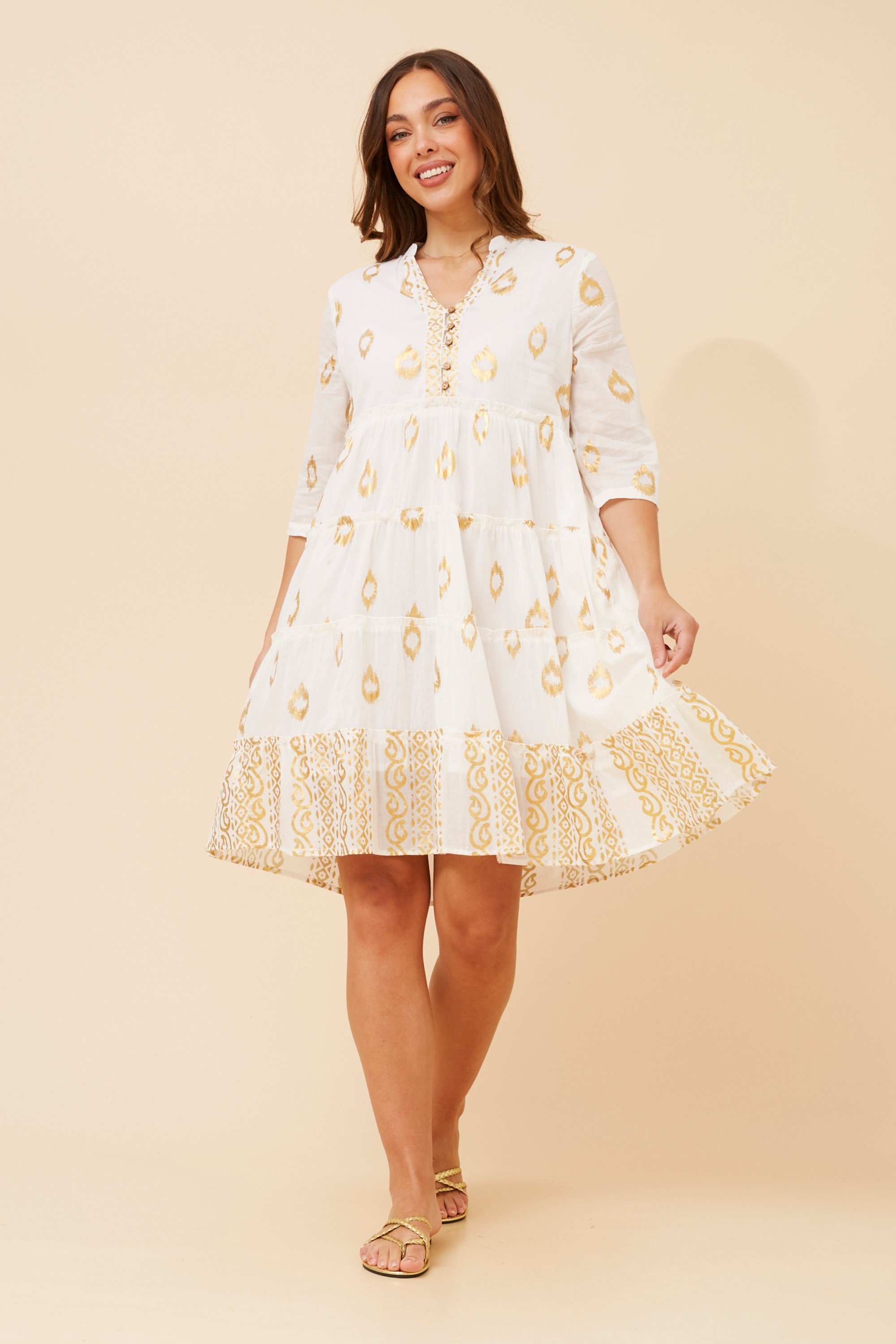 LAKSHMI FOIL PRINT TIERED DRESS