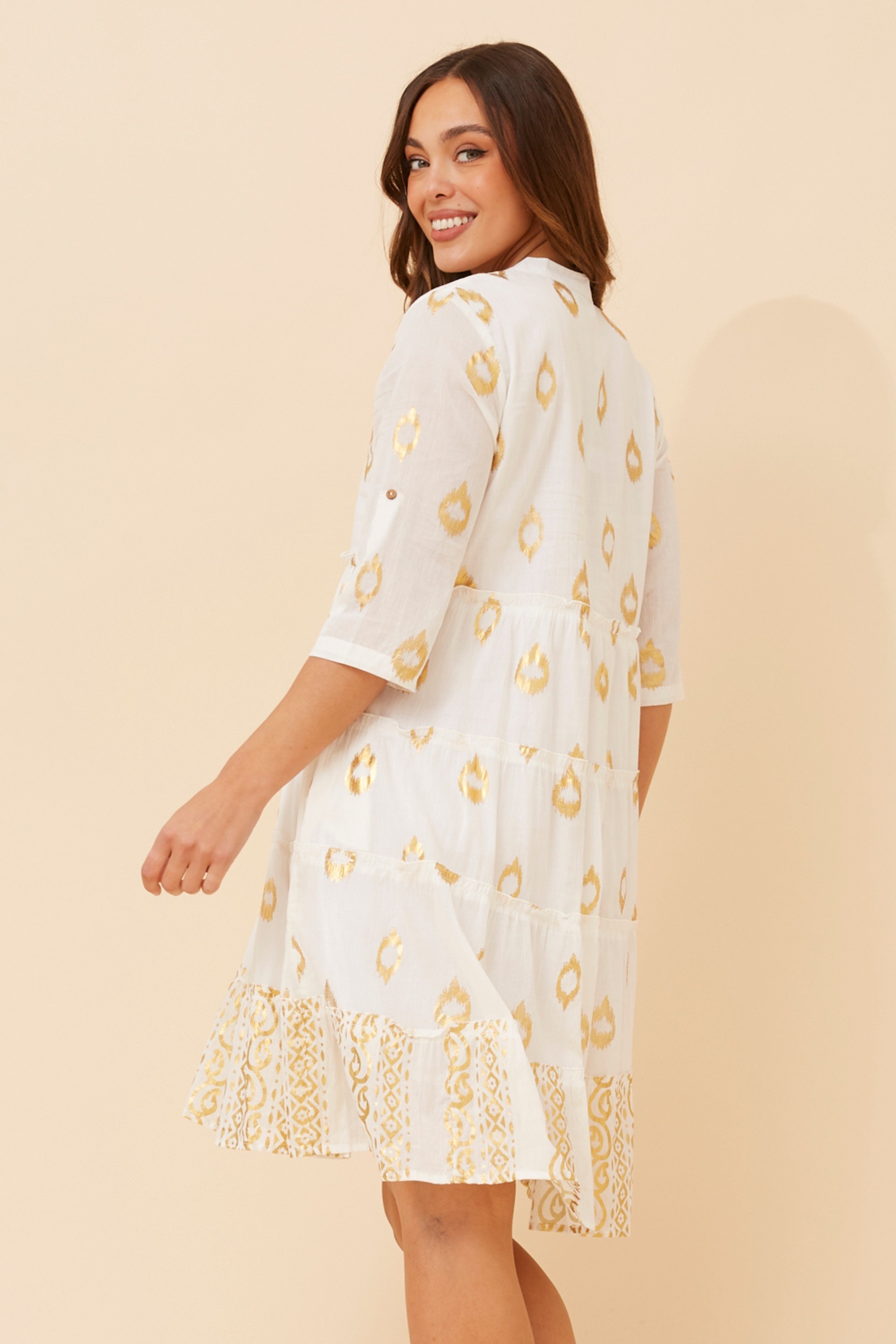 LAKSHMI FOIL PRINT TIERED DRESS