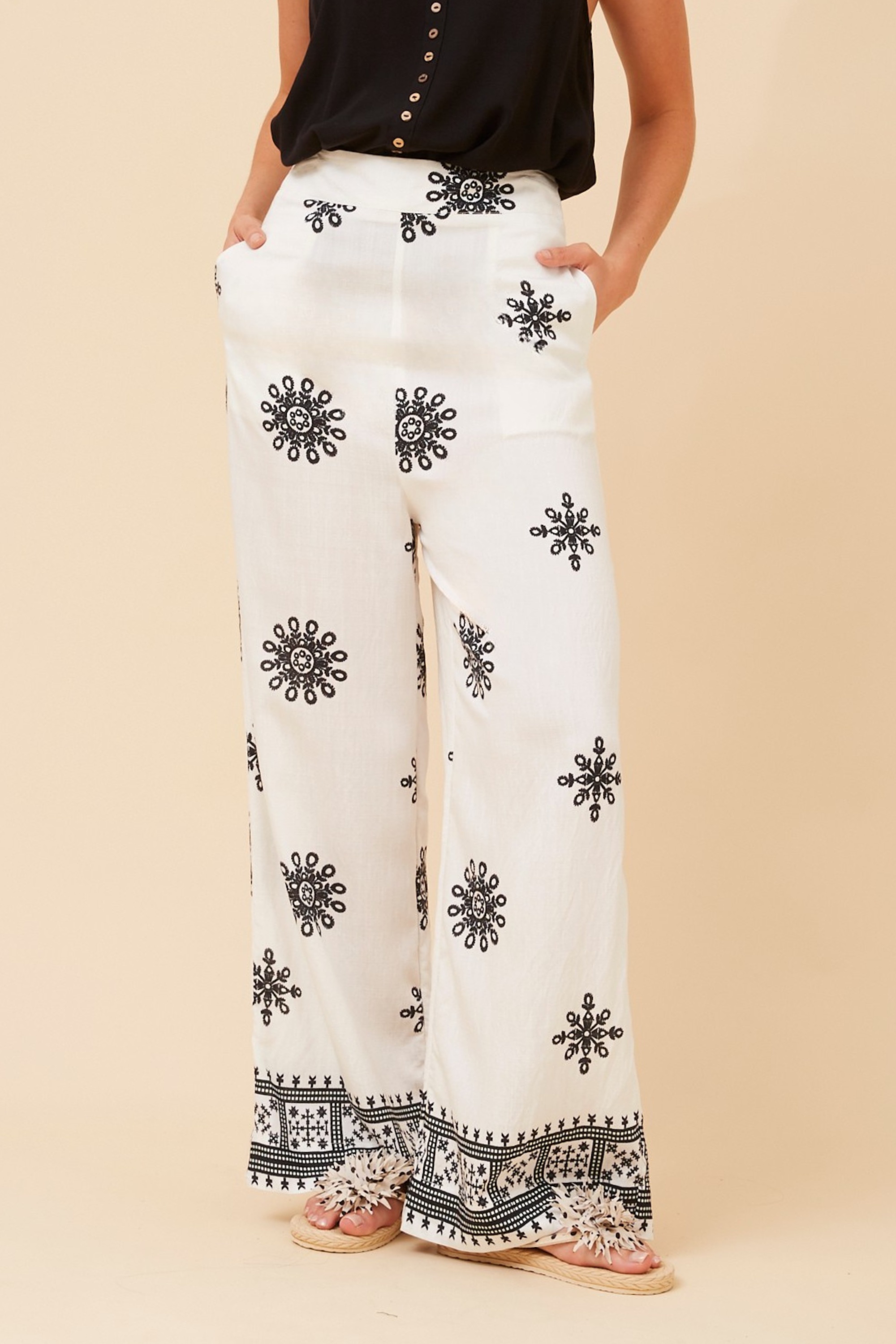 LAZARUS BORDER PRINT WIDE LEG PANTS