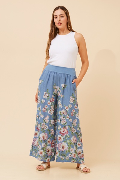 LEONORA FLORAL WIDE LEG LINEN PANTS