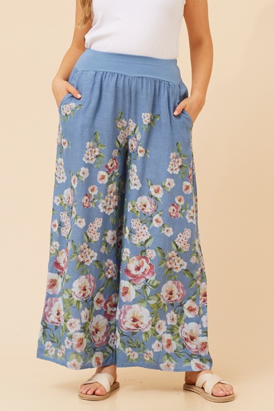 LEONORA FLORAL WIDE LEG LINEN PANTS