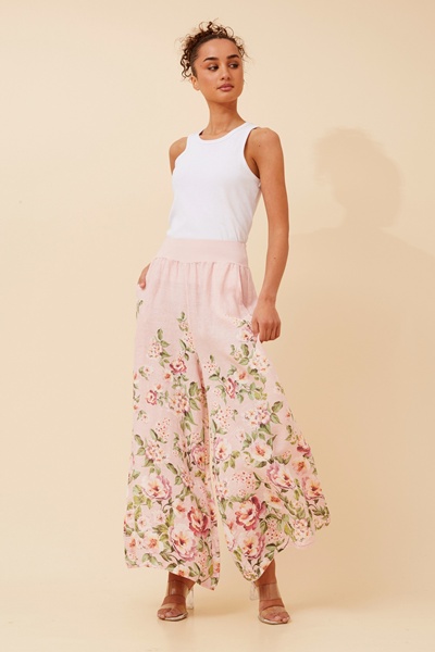 LEONORA FLORAL WIDE LEG LINEN PANTS