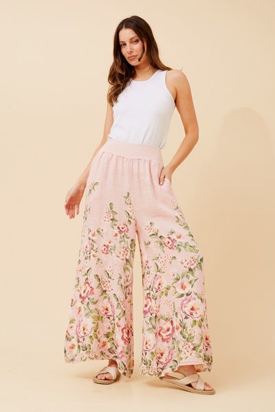 LEONORA FLORAL WIDE LEG LINEN PANTS