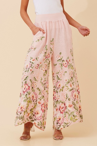 LEONORA FLORAL WIDE LEG LINEN PANTS