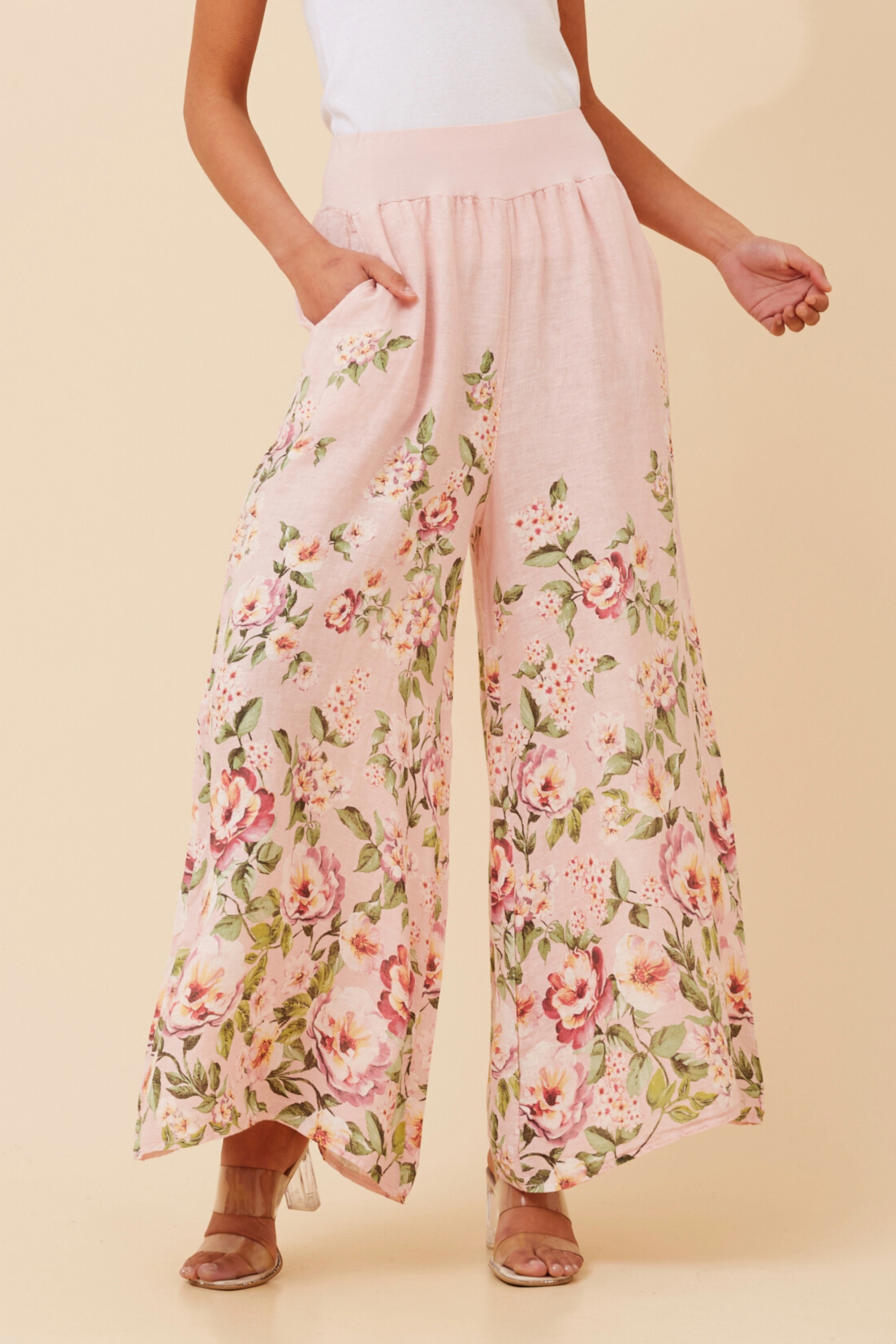 LEONORA FLORAL WIDE LEG LINEN PANTS