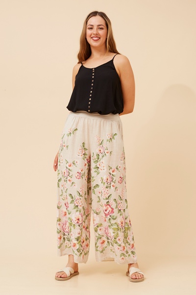 LEONORA FLORAL WIDE LEG LINEN PANTS