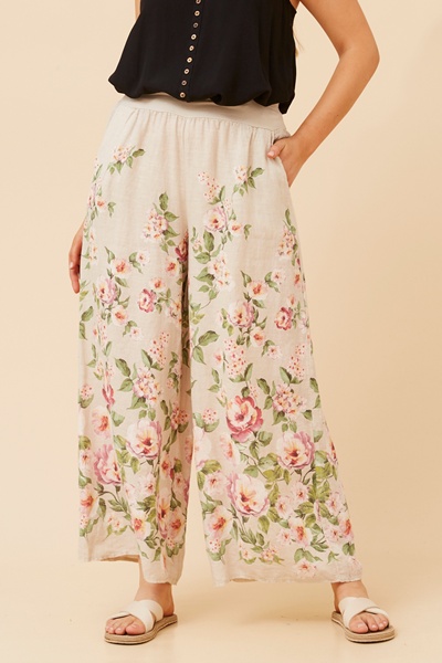 LEONORA FLORAL WIDE LEG LINEN PANTS