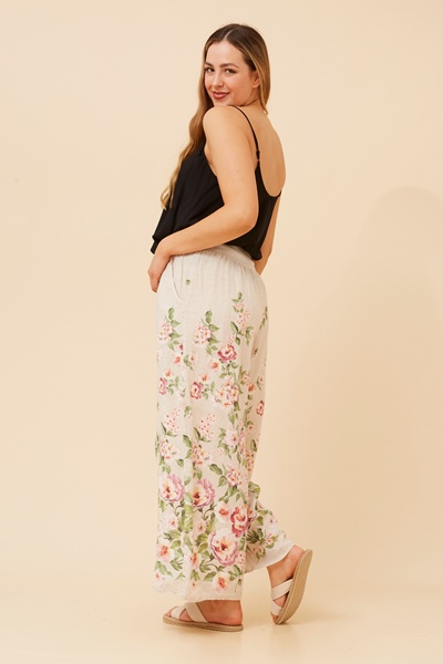 LEONORA FLORAL WIDE LEG LINEN PANTS