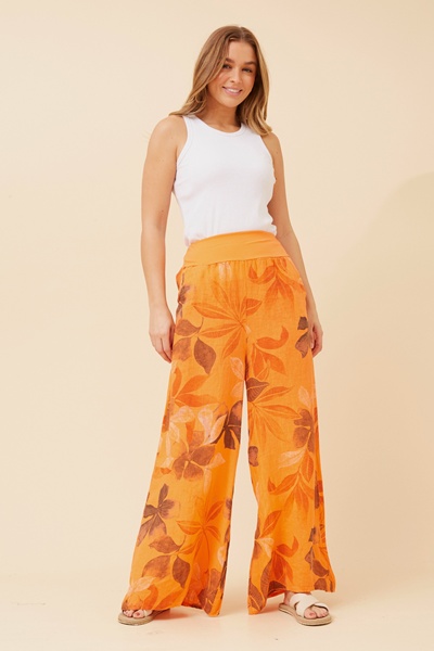 LEONORA LEAF PRINT LINEN PANTS
