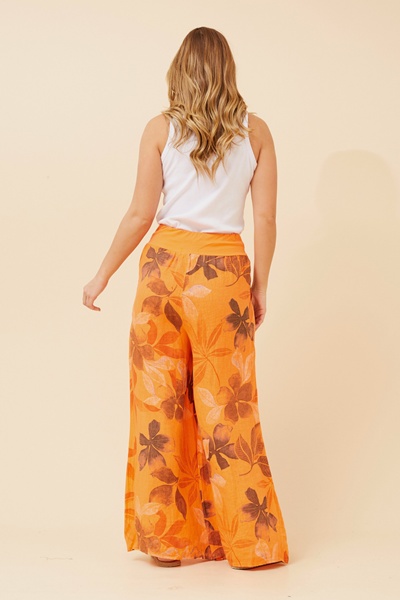 LEONORA LEAF PRINT LINEN PANTS