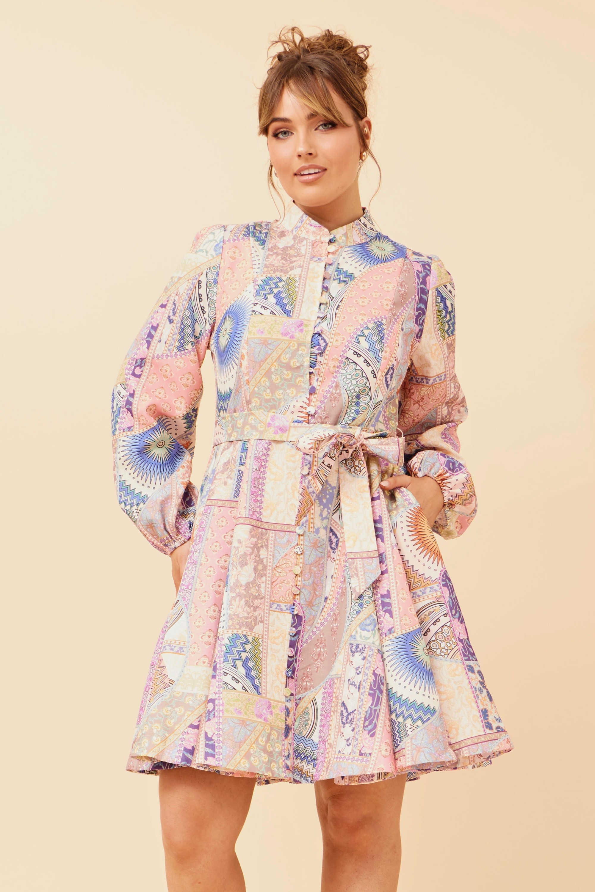 LEVINE PATCHWORK PRINT SHORT DRESS
