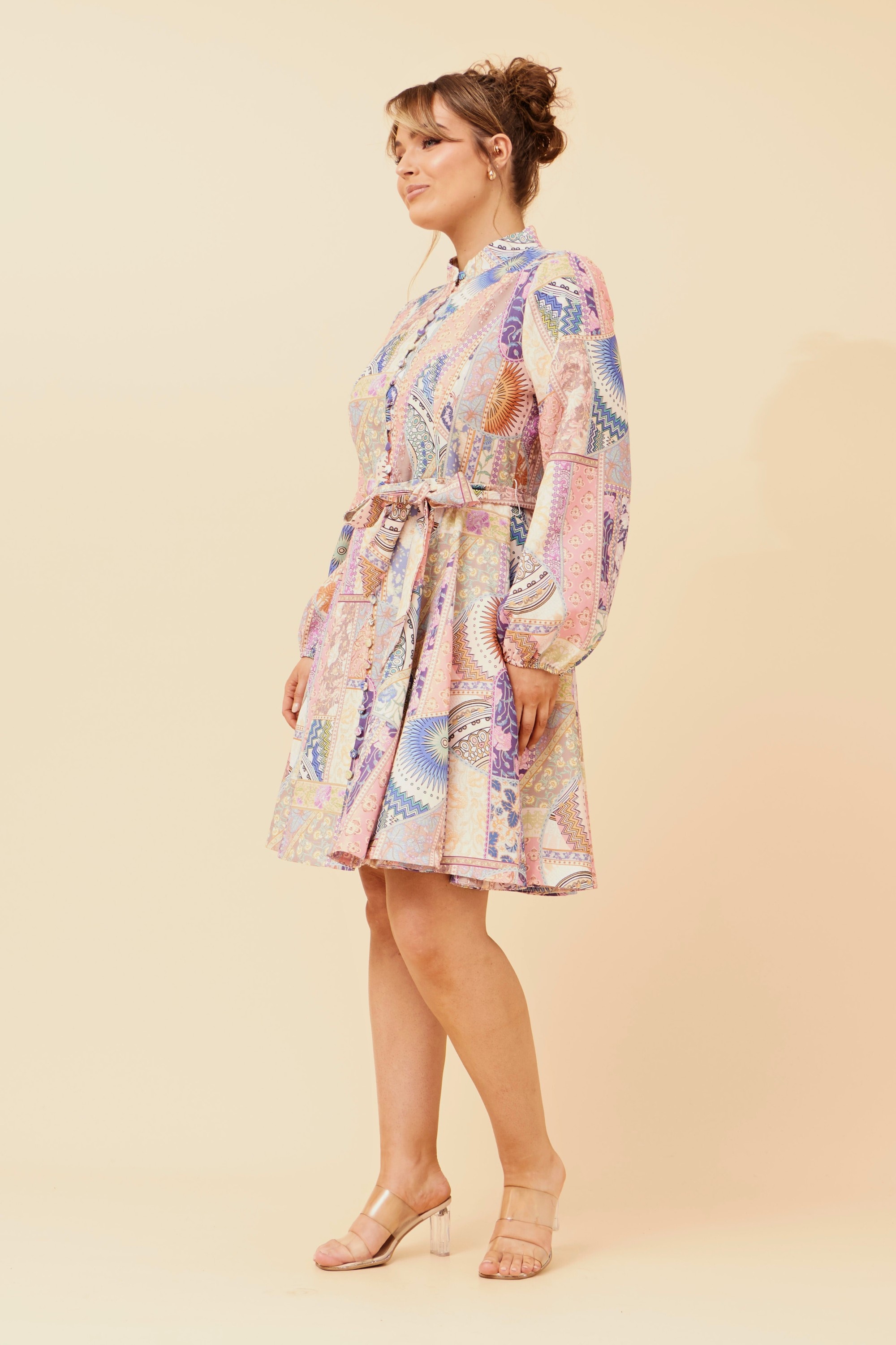 LEVINE PATCHWORK PRINT SHORT DRESS