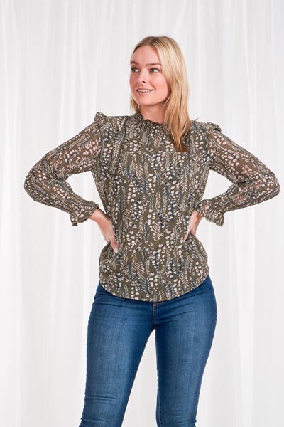 Long cuff sleeve printed blouse