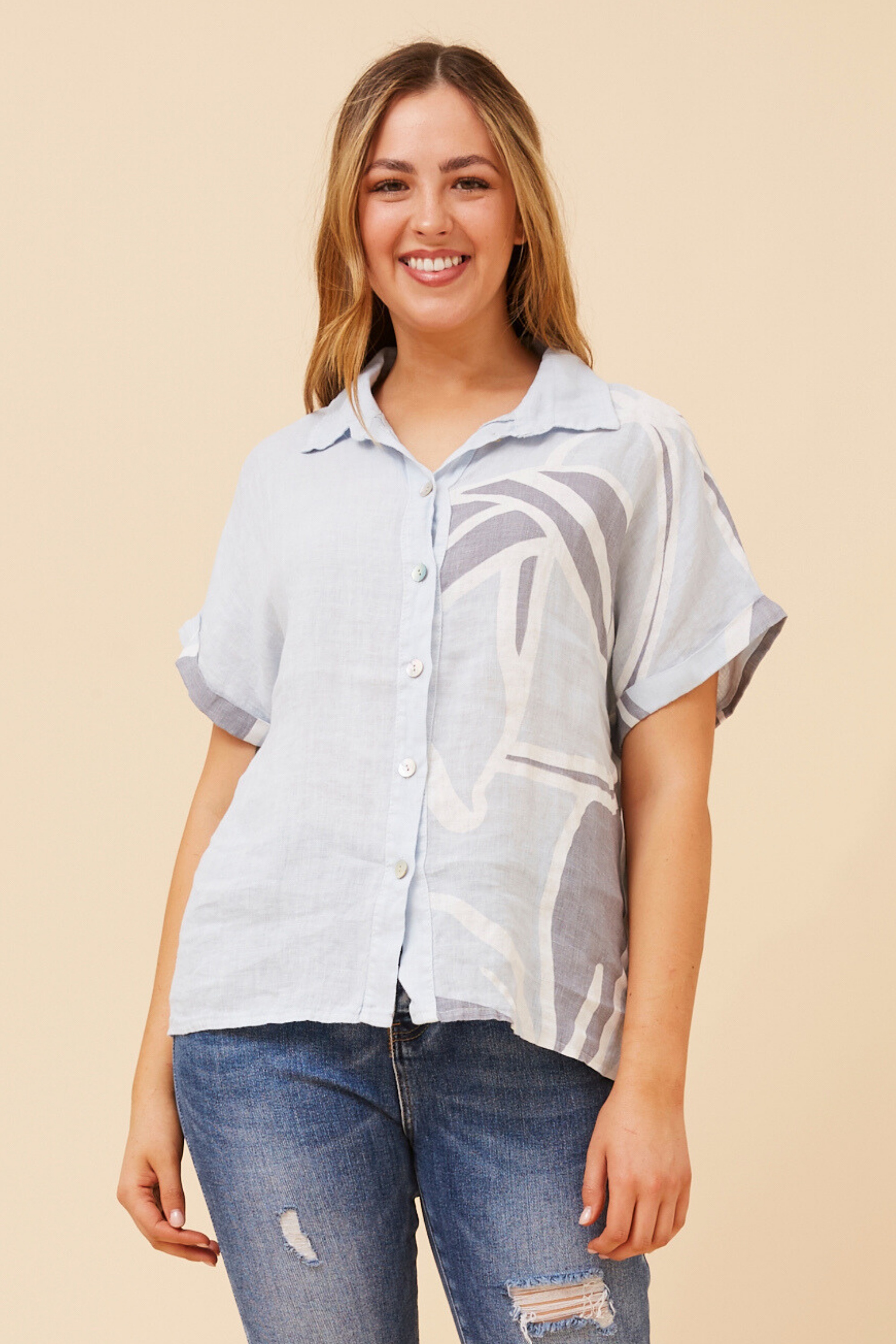 LOREDANA ABSTRACT PRINT LINEN SHIRT