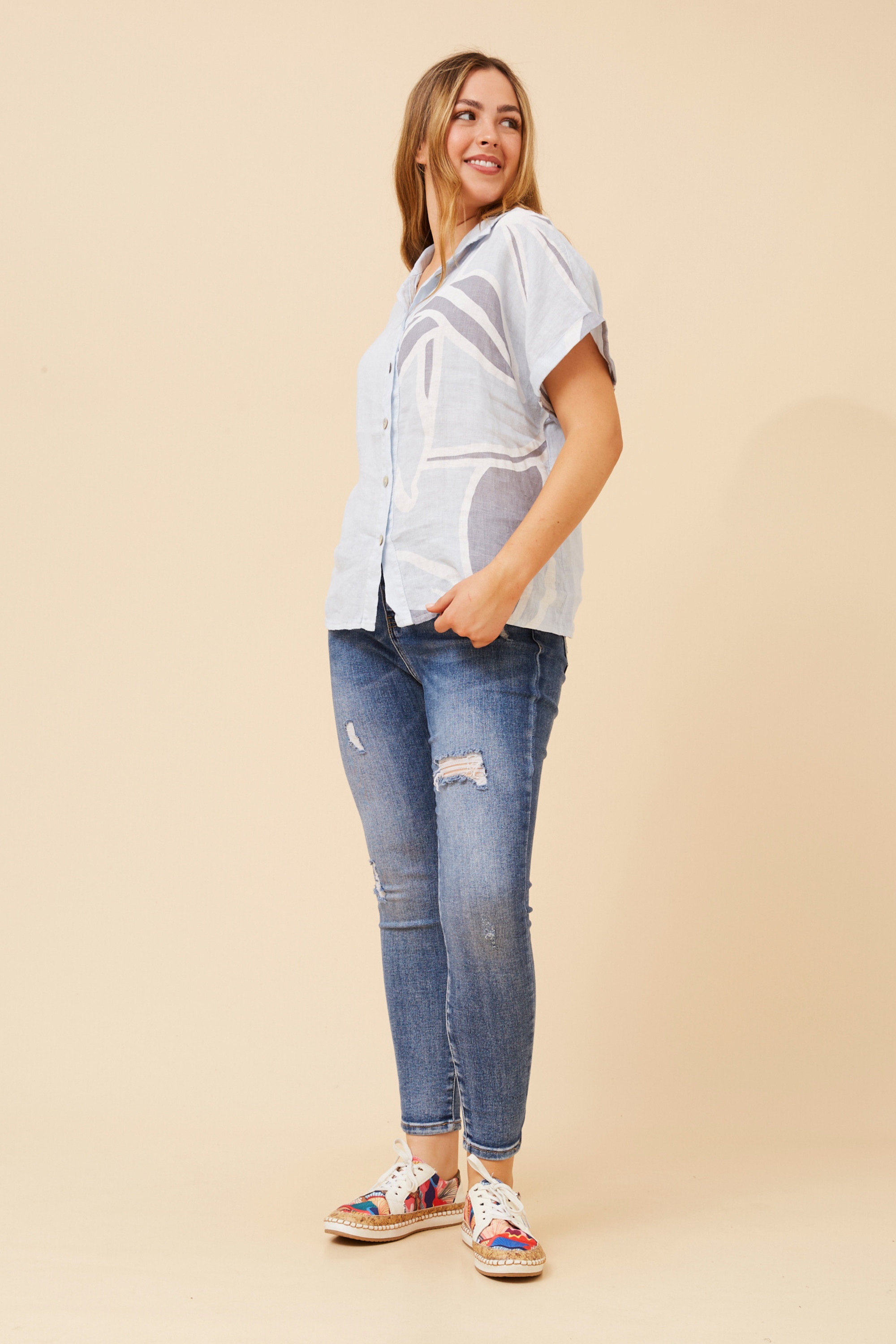 LOREDANA ABSTRACT PRINT LINEN SHIRT