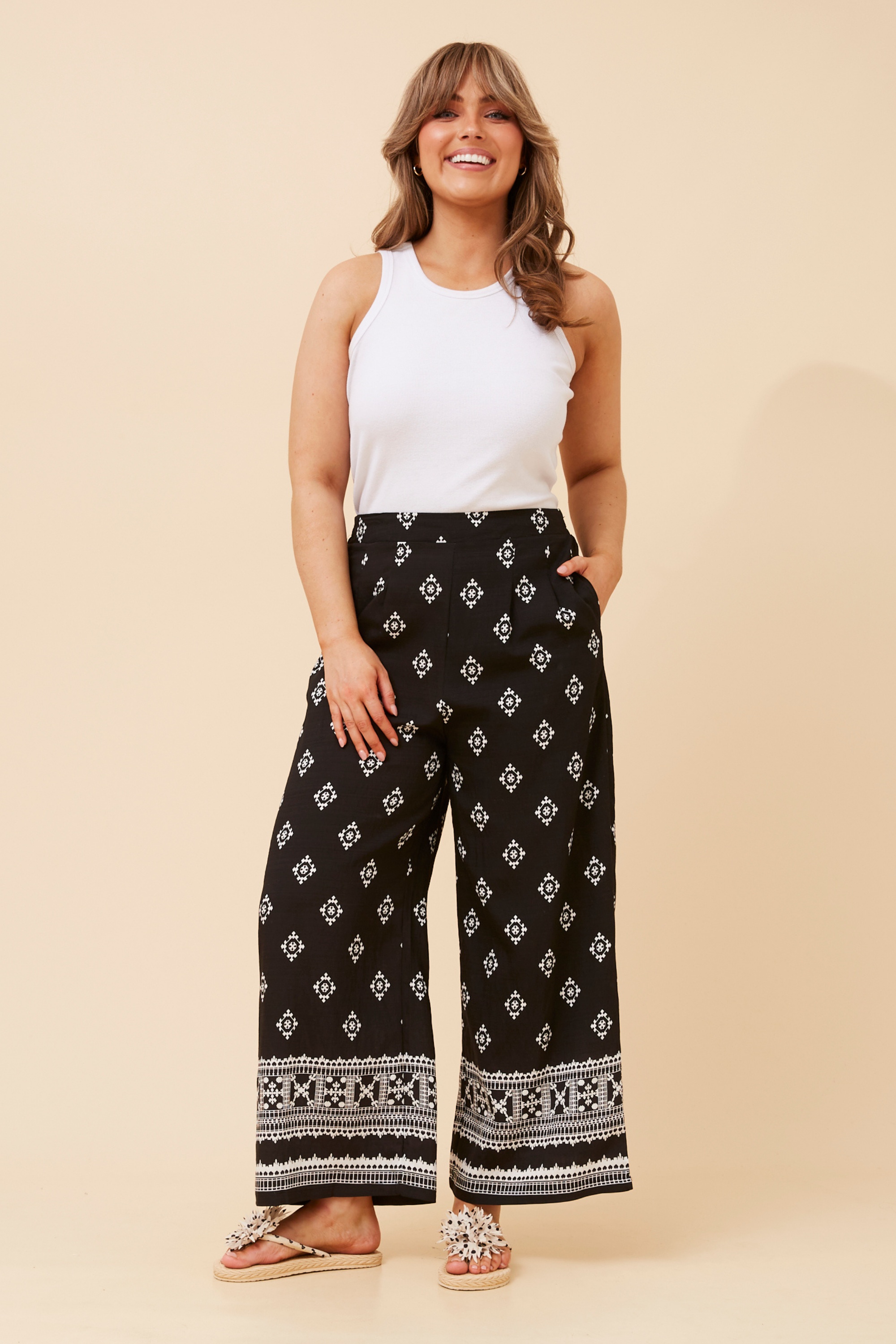 LOXANA BORDER PRINT WIDE LEG PANTS