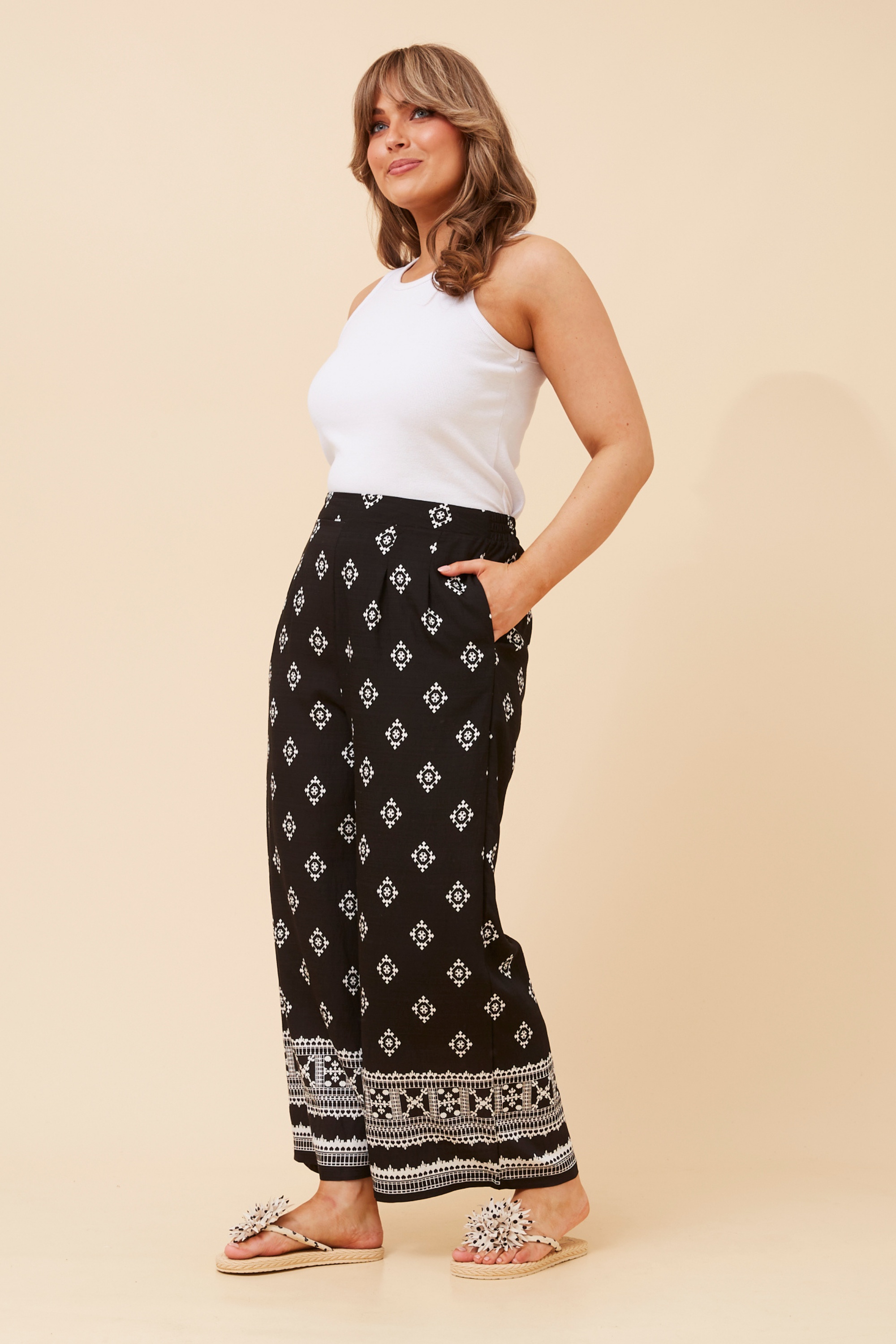 LOXANA BORDER PRINT WIDE LEG PANTS