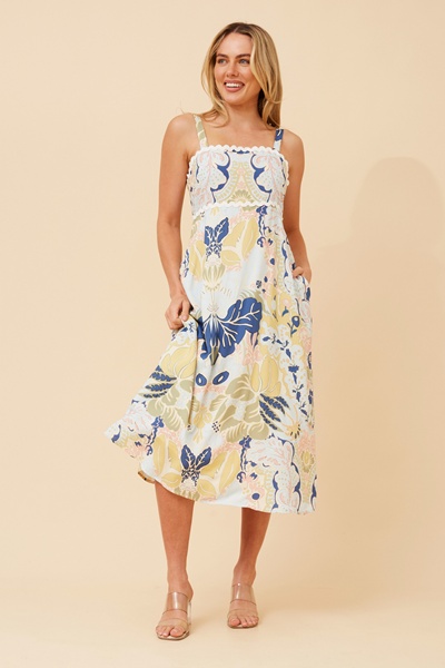 MAKENNA LEAF PRINT MIDI DRESS