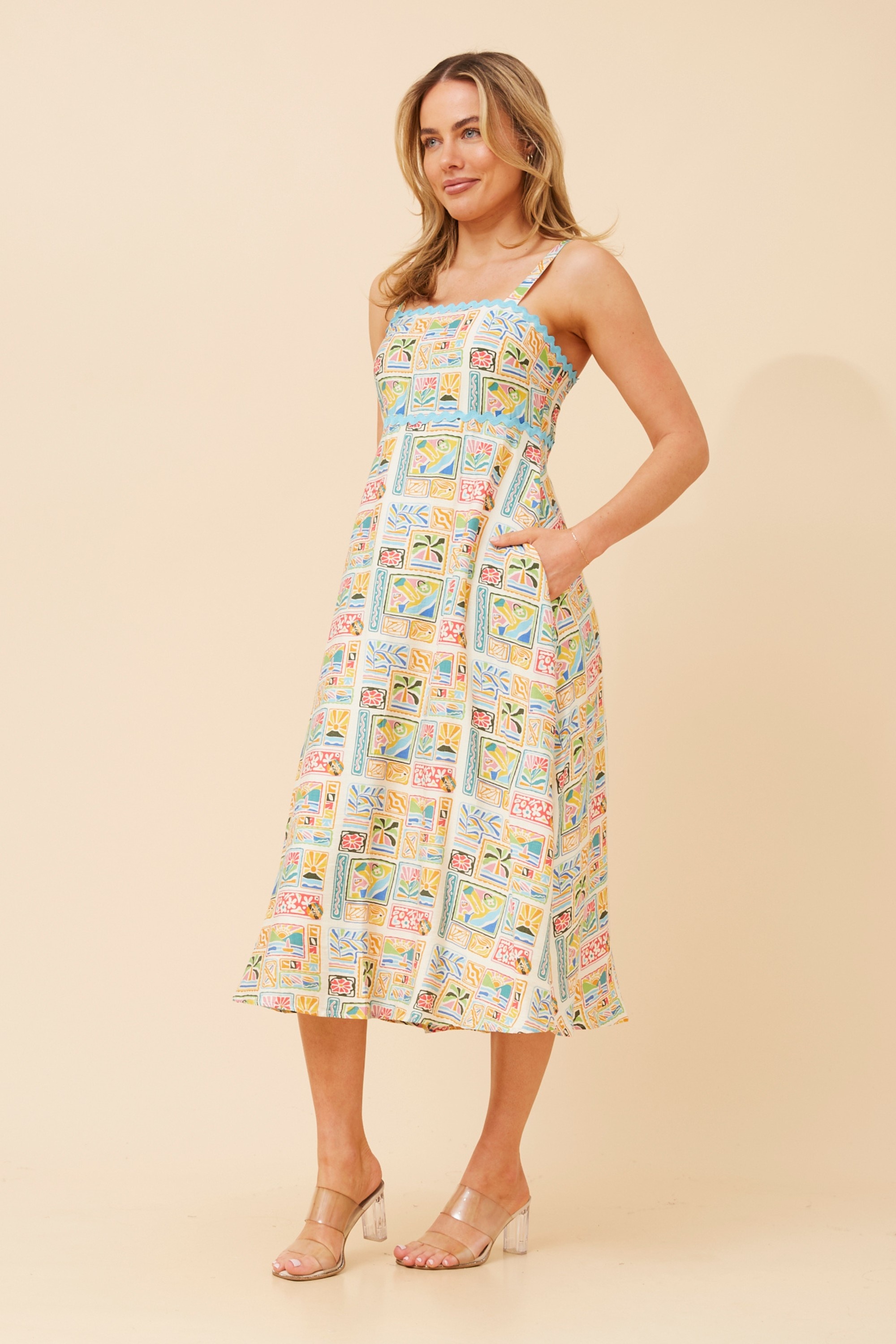 MAKENNA PATCHWORK PRINT MIDI DRESS