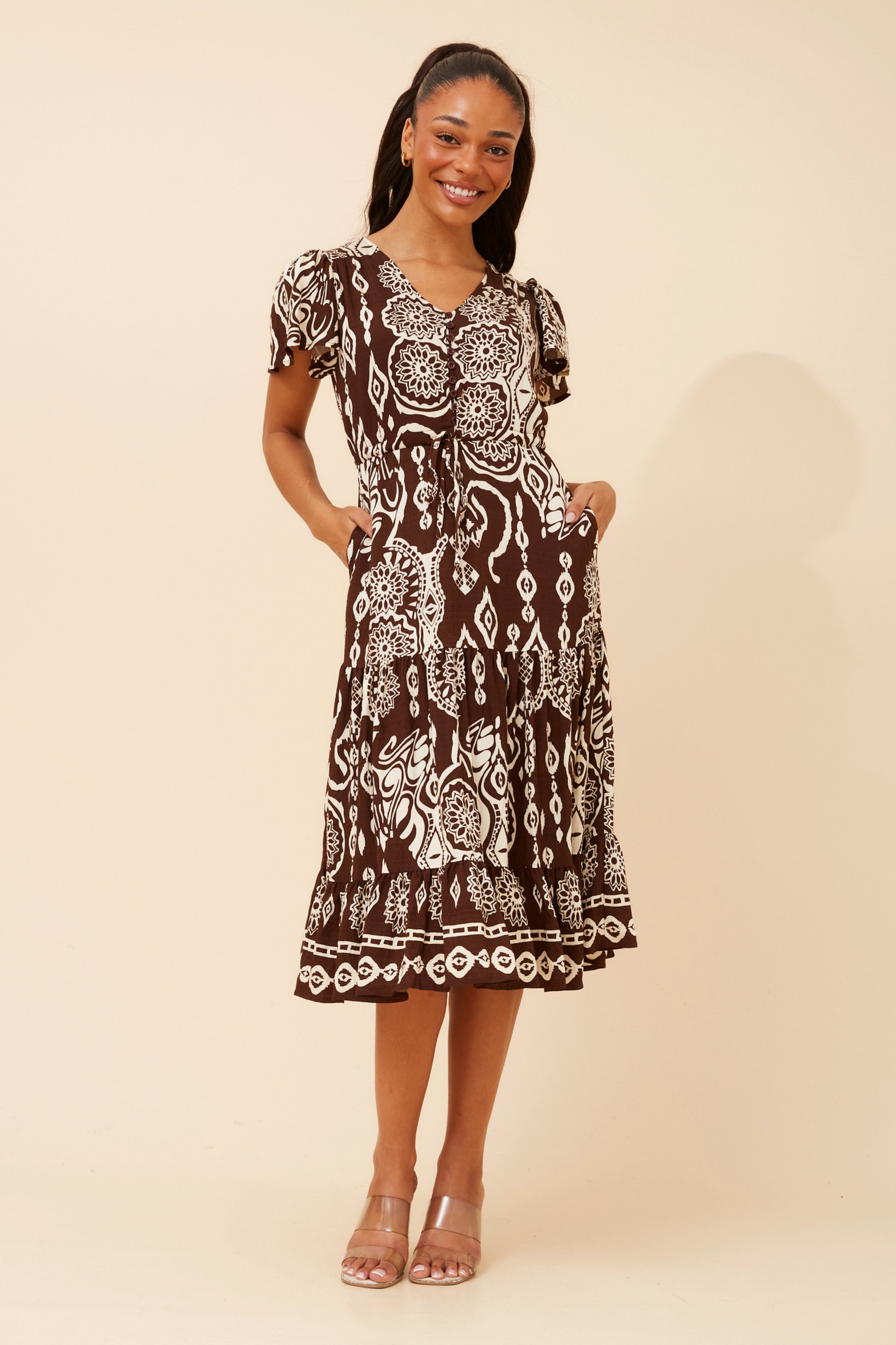 MARI BORDER PRINT MIDI DRESS