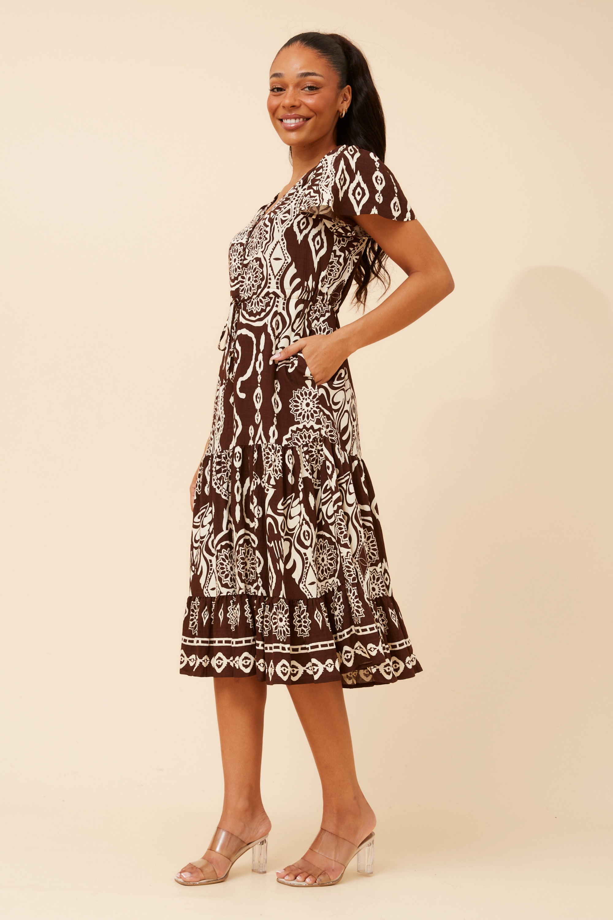MARI BORDER PRINT MIDI DRESS
