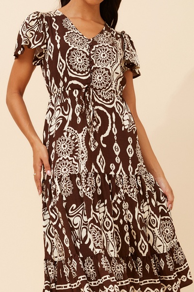 MARI BORDER PRINT MIDI DRESS