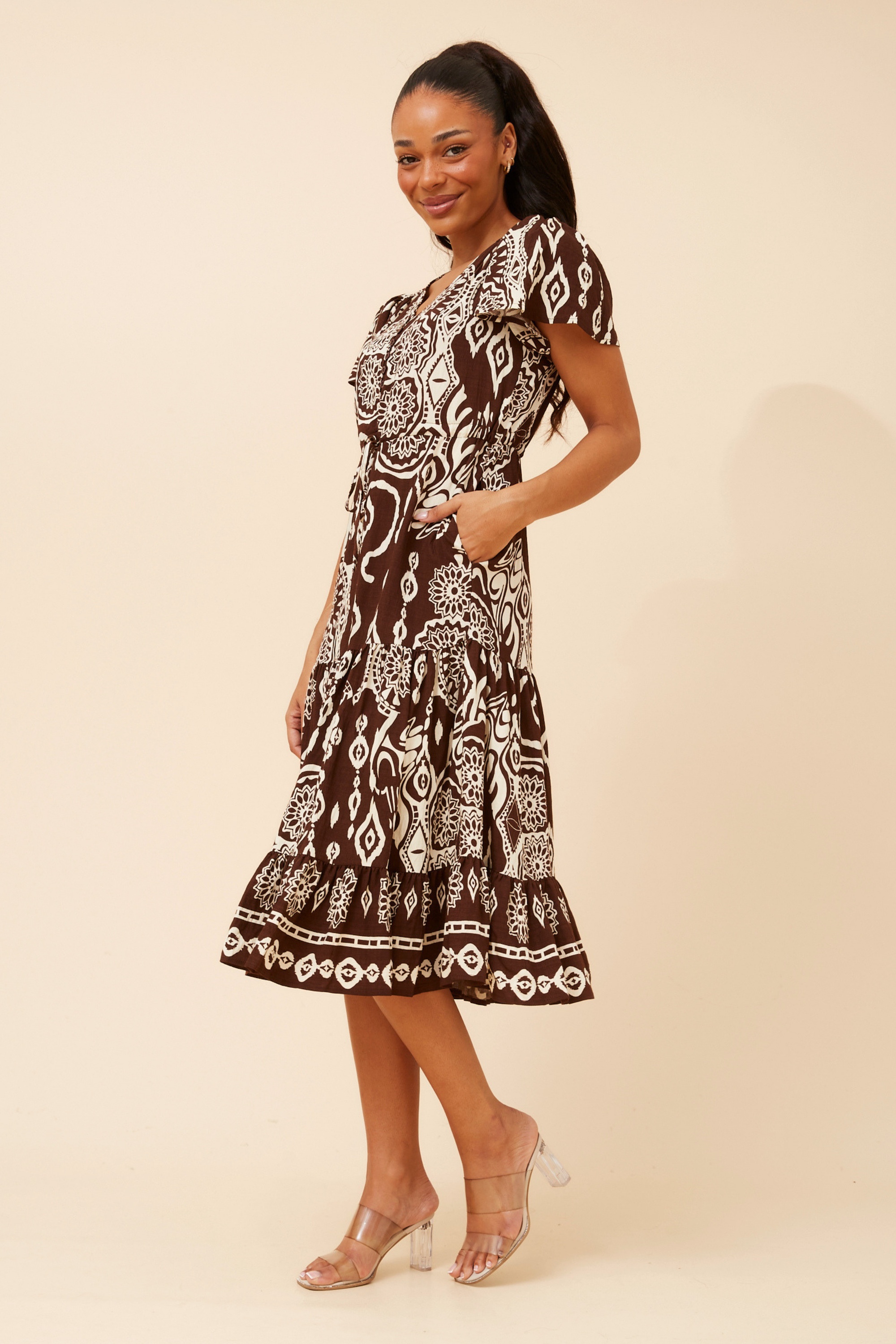 MARI BORDER PRINT MIDI DRESS