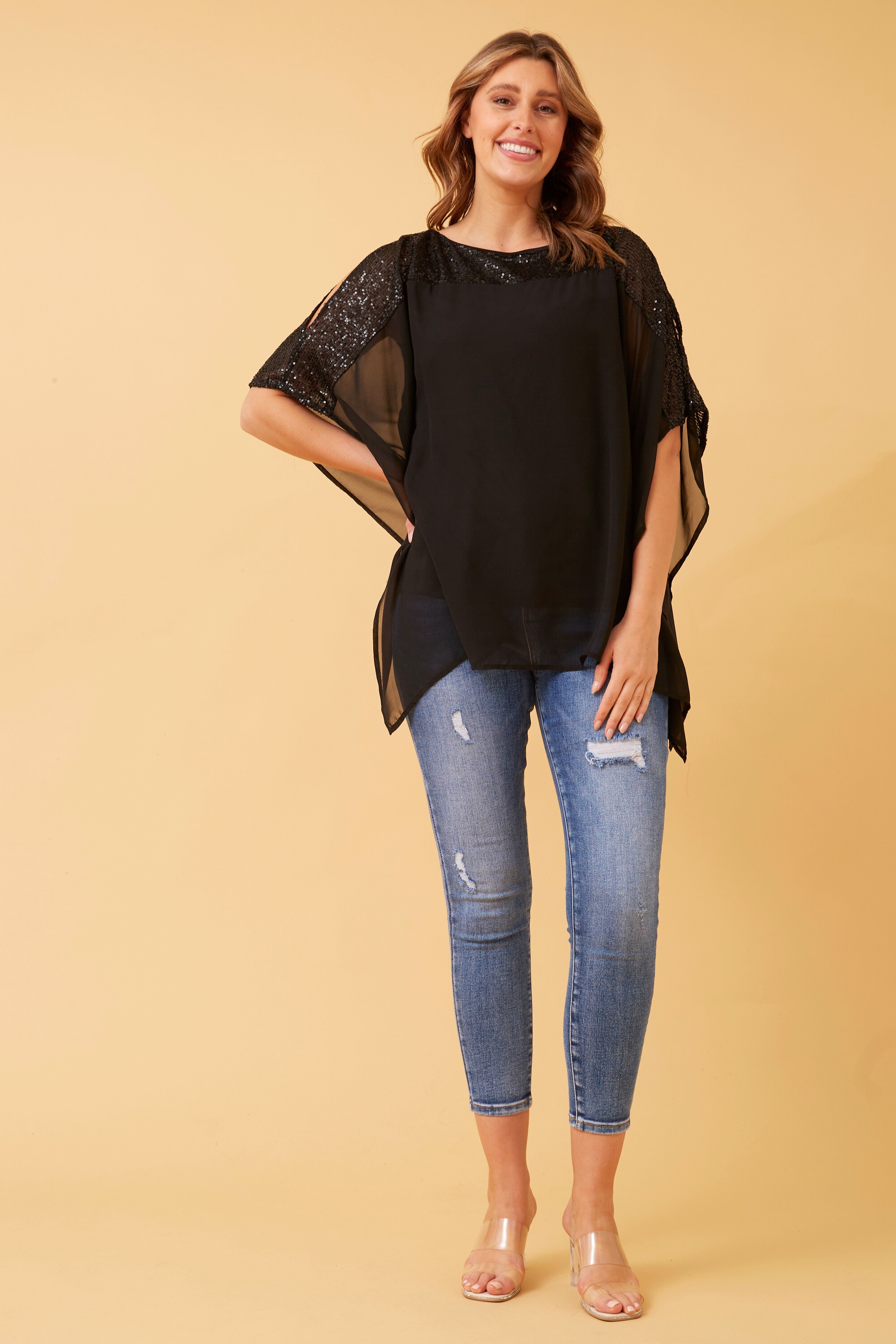 MARILYN SEQUIN COLD SHOULDER TOP