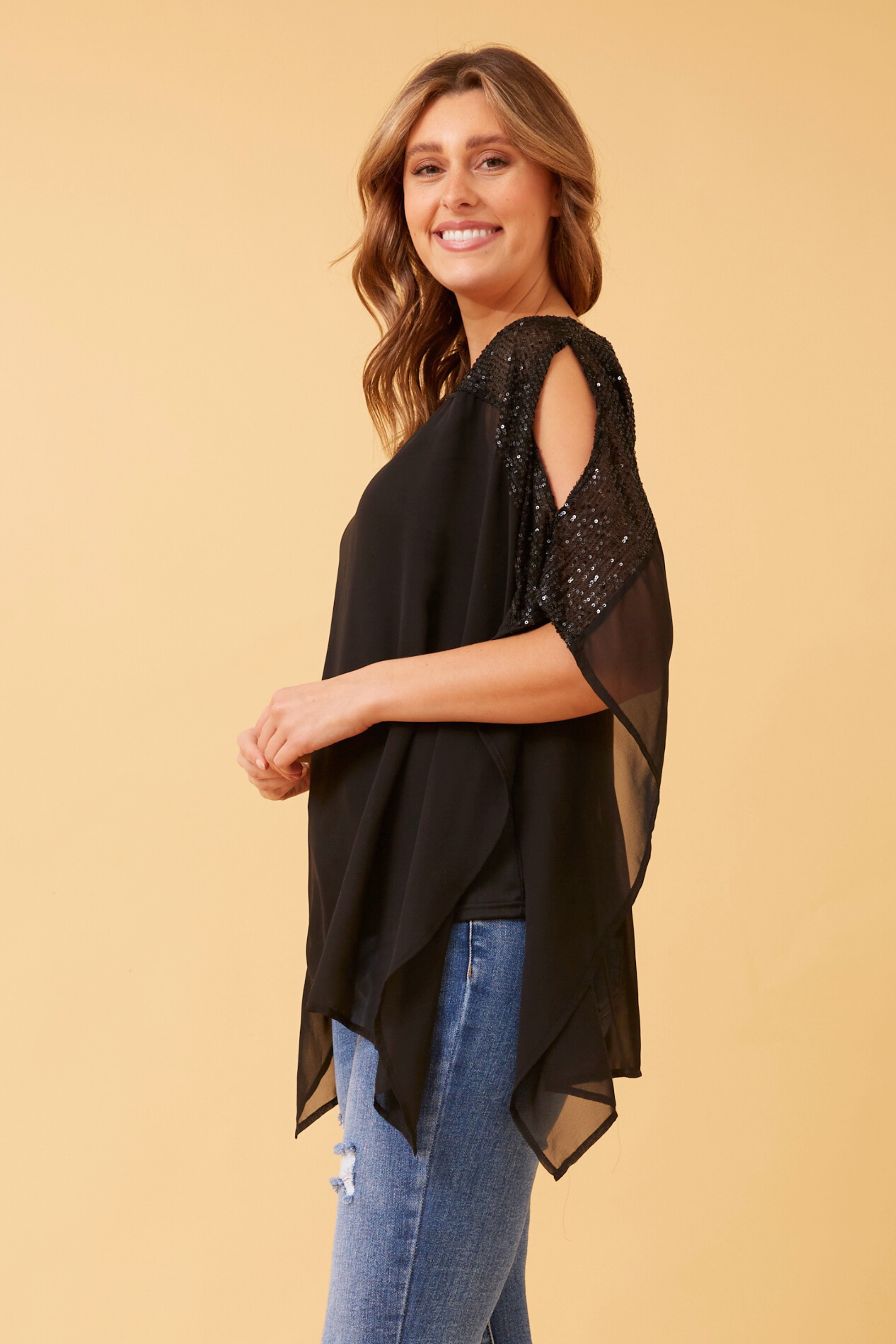 Black sparkle cold shoulder top online