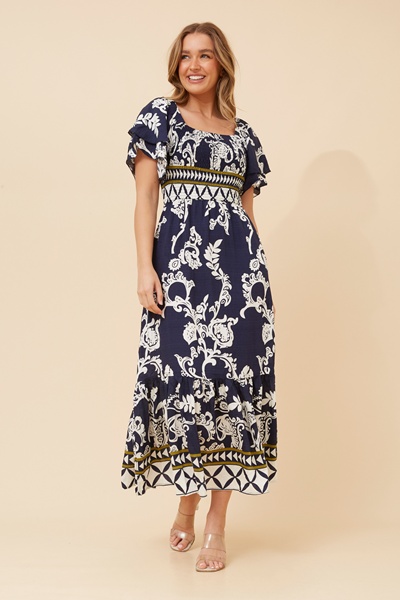 MARUN BORDER PRINT MAXI DRESS