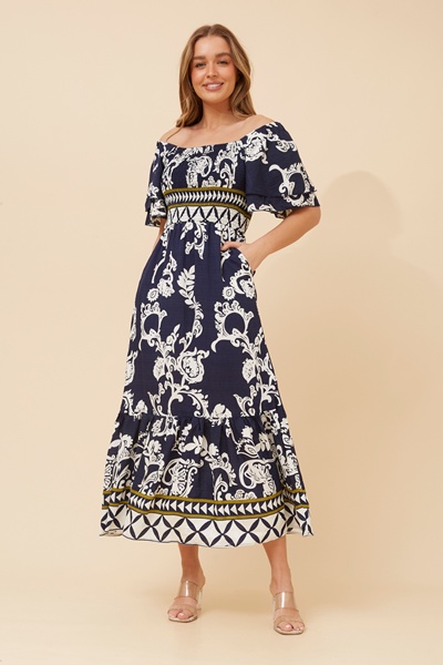 MARUN BORDER PRINT MAXI DRESS