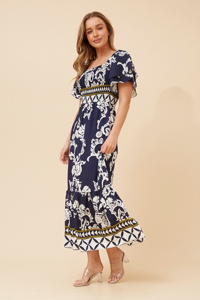 MARUN BORDER PRINT MAXI DRESS