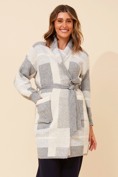 MAVEN CHECKED PRINT KNIT COATIGAN