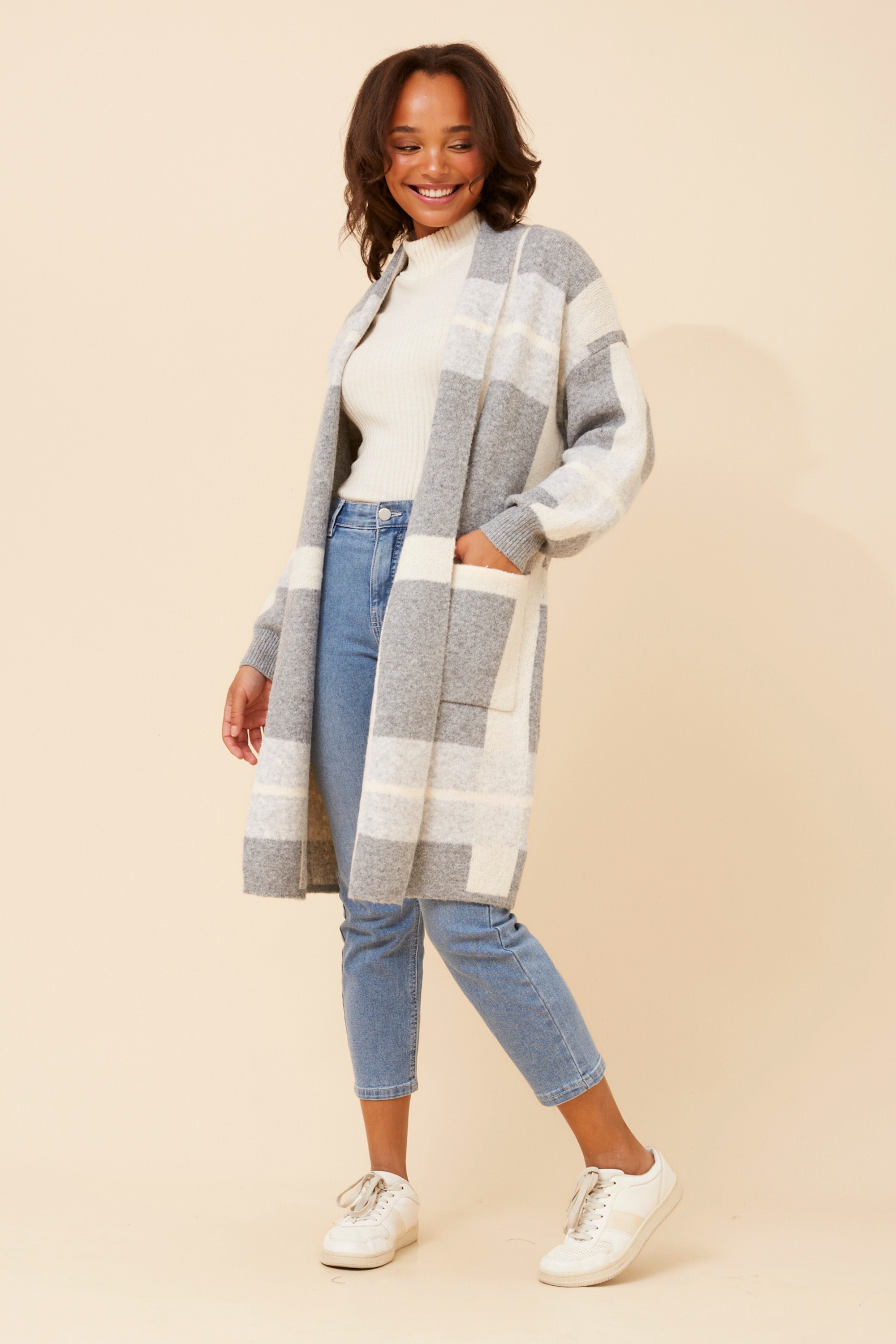 MAVEN CHECKED PRINT KNIT COATIGAN