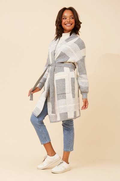 MAVEN CHECKED PRINT KNIT COATIGAN