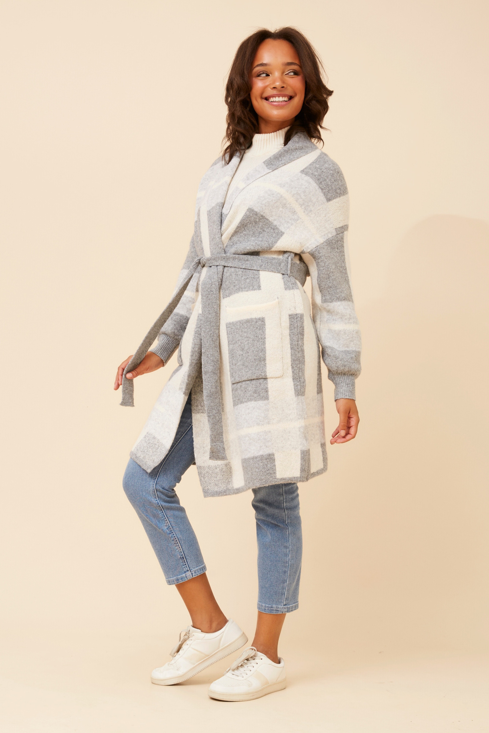MAVEN CHECKED PRINT KNIT COATIGAN