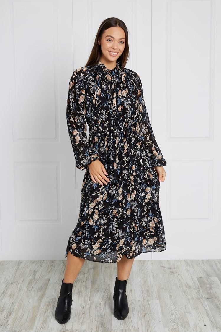 MICRO PLEAT FLORAL MIDI DRESS | FEMME 