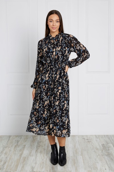 MICRO PLEAT FLORAL MIDI DRESS