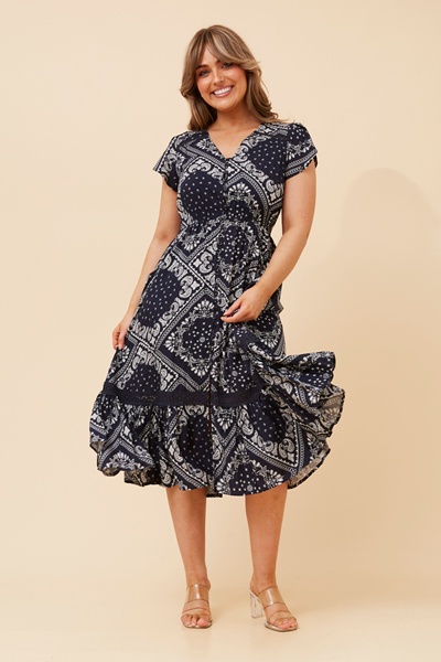 MOROCCO BANDANA PRINT MIDI DRESS