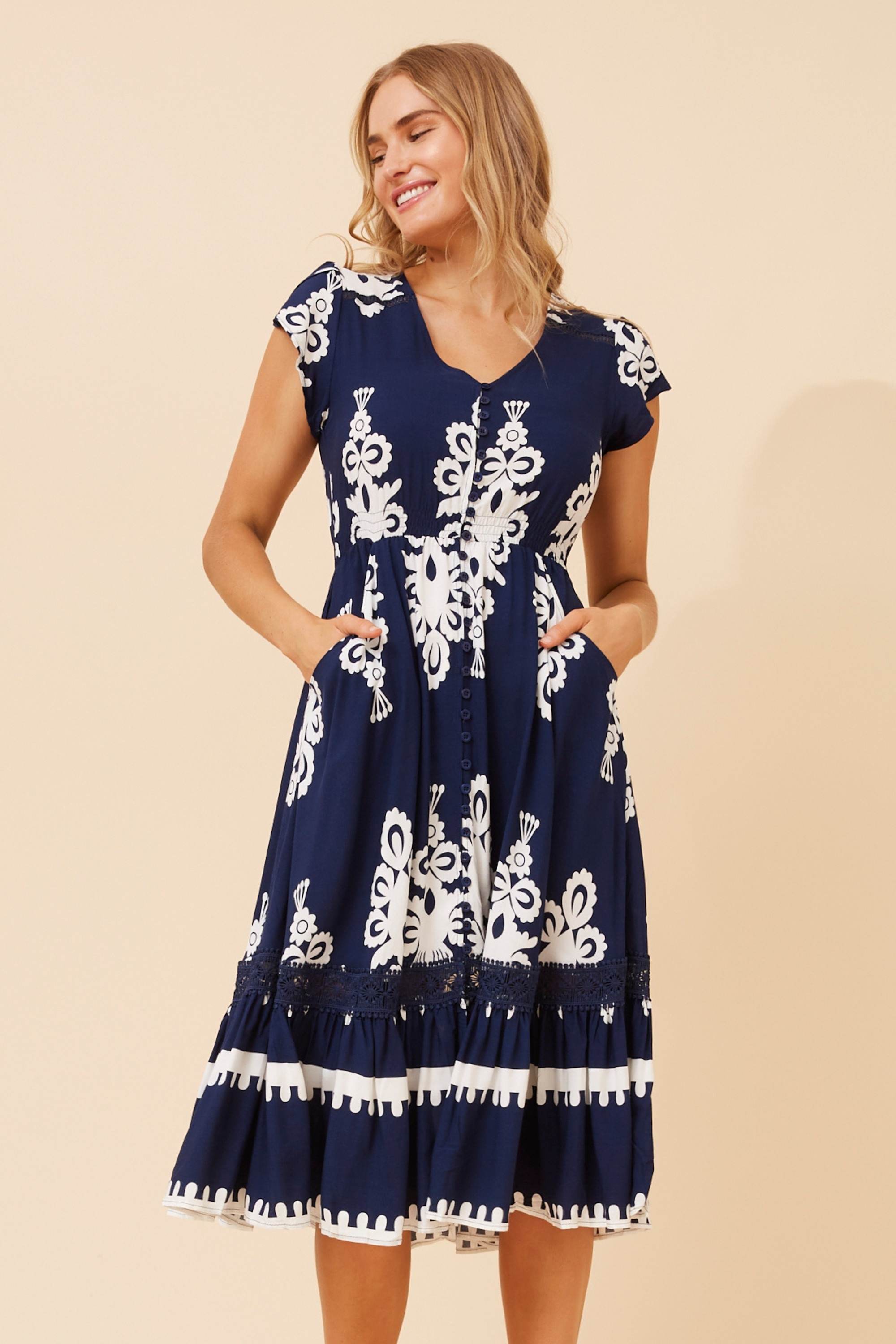 MOROCCO BORDER PRINT MIDI DRESS