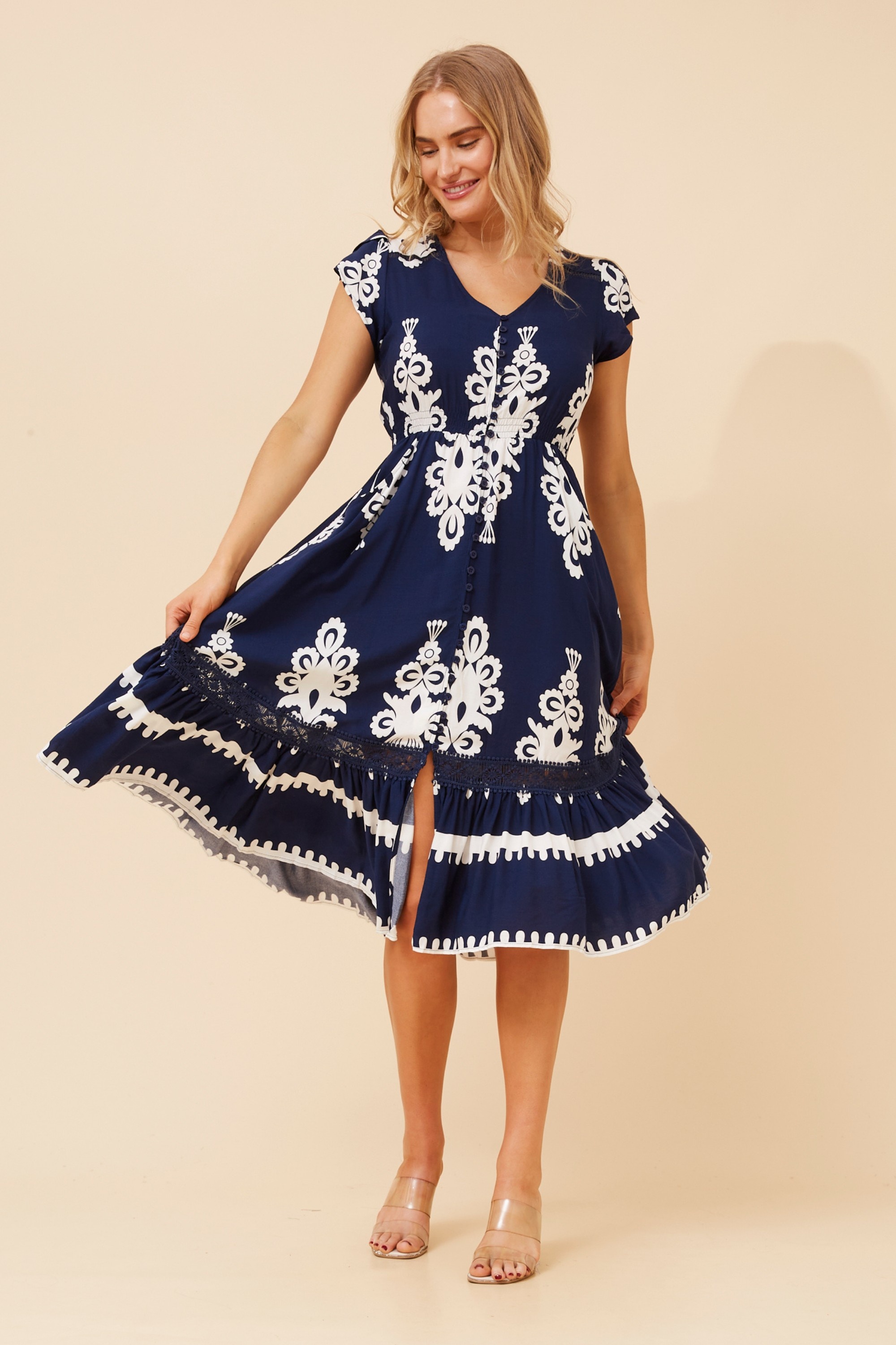 MOROCCO BORDER PRINT MIDI DRESS