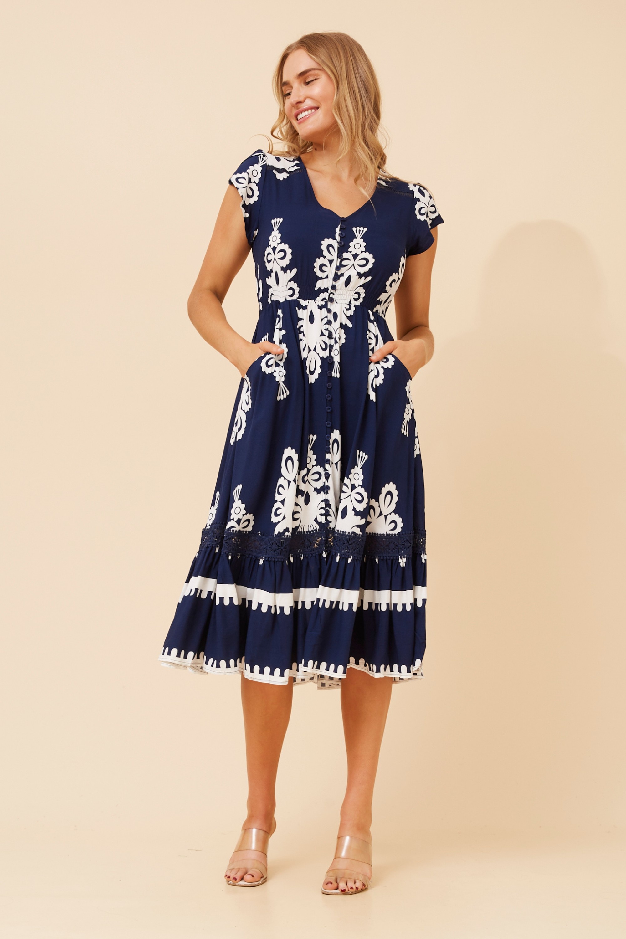 MOROCCO BORDER PRINT MIDI DRESS