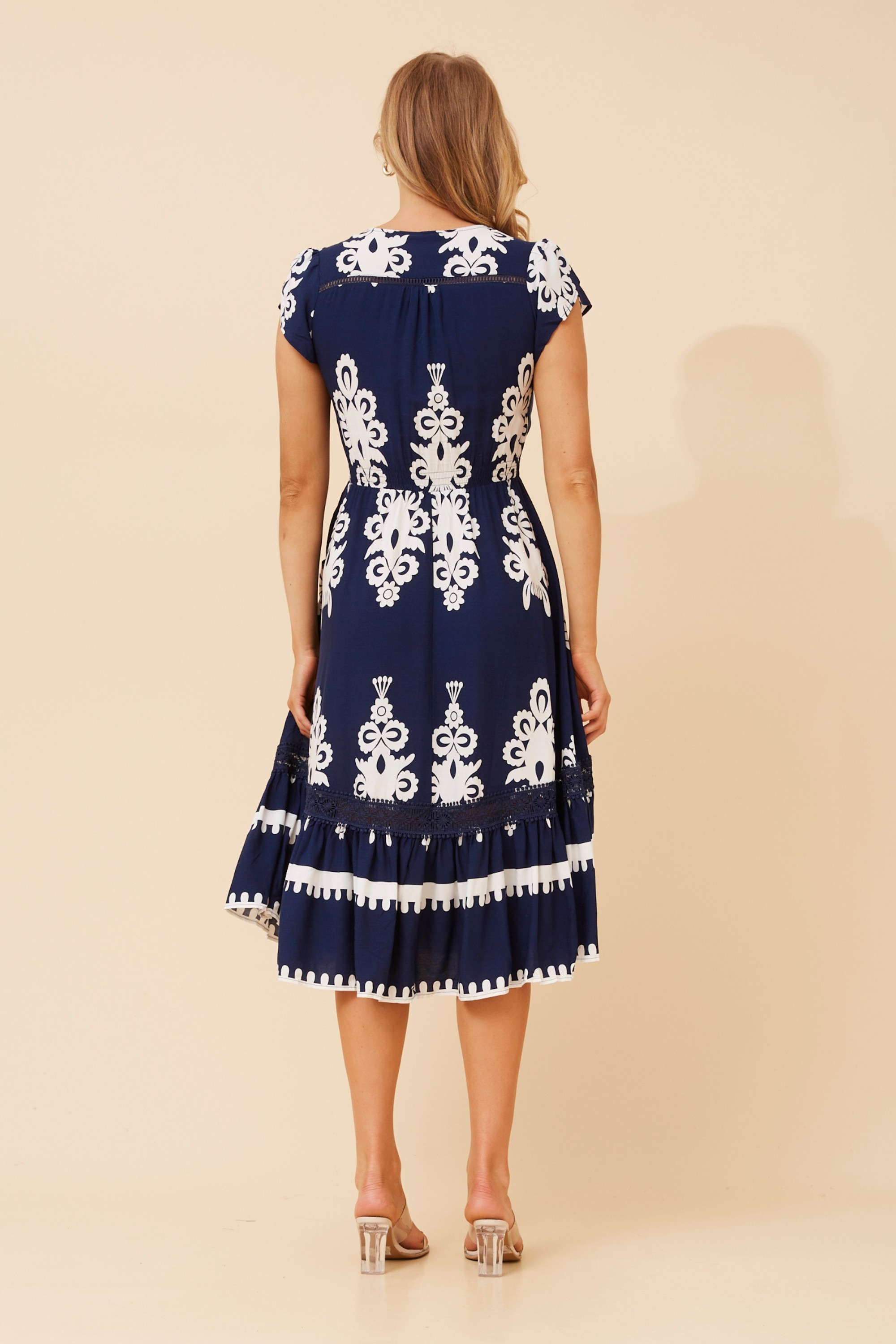 MOROCCO BORDER PRINT MIDI DRESS