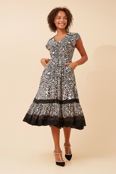 MOROCCO BORDER PRINT MIDI DRESS